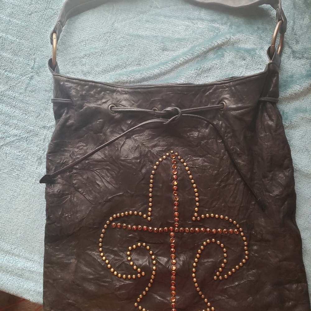 TAMMI LYN Brown Suede Pink Fleur De Lis Rhinestones Large Hobo Shoulder Bag Tote